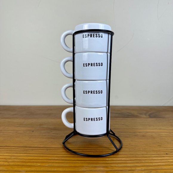 Stacking Espresso Cup Set with Stand | Modern White Ceramic Mugs - Picture 5 of 10